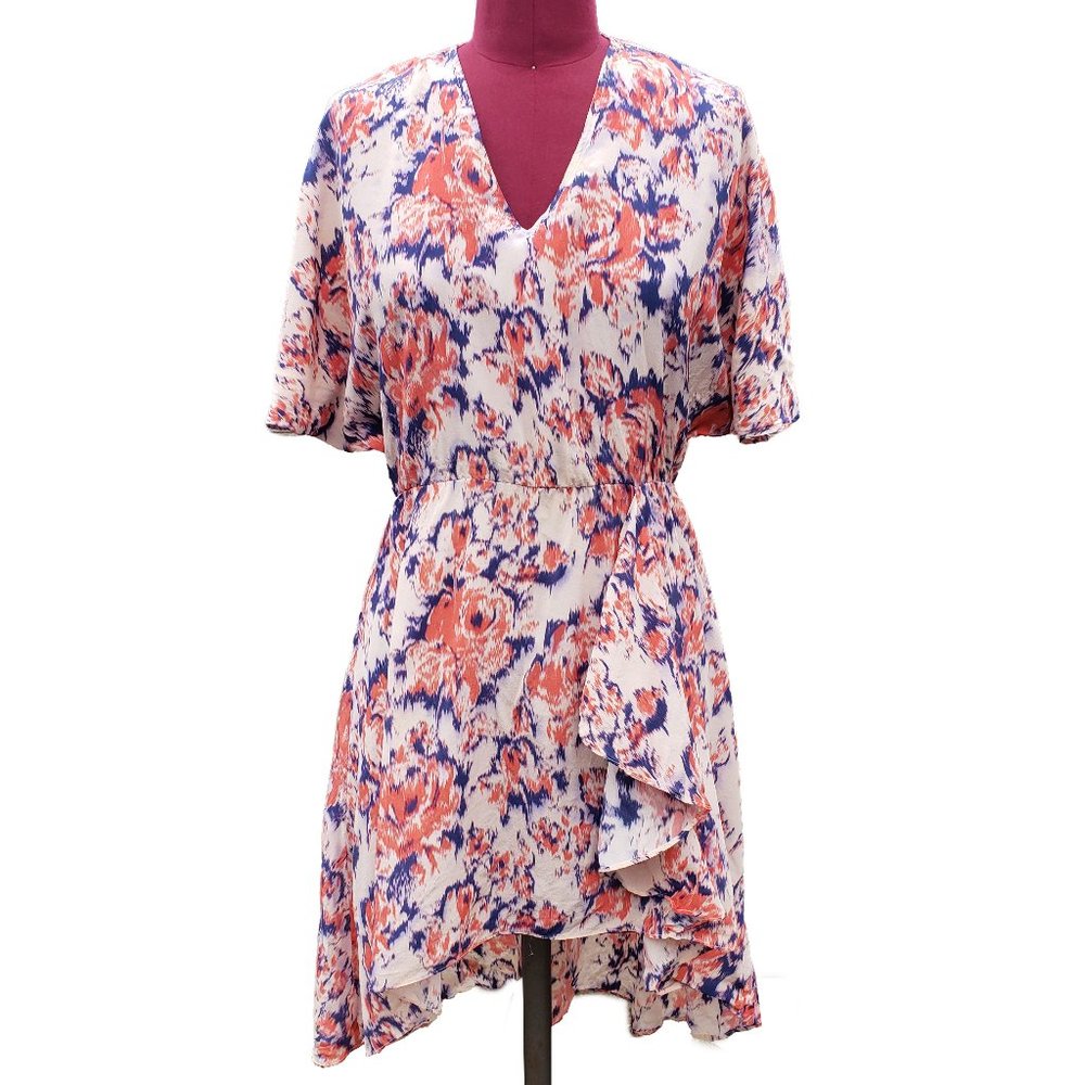 Tucker Dress Medium Orange Blue Ikat Rose V Neck Short Sleeve Waterfall Ruffle